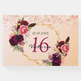 Sweet 16 roos gouden bloemen geometrische Bourgogn Gastenboek