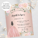 Sweet 16 roos gouden bloemen jurk budget uitnodigi<br><div class="desc">Een moderne,  stijlvolle en glamoureuze uitnodiging voor een Sweet 16,  16th verjaardagsfeestje. Een rozen gouden achtergrond met blozend roze bloemetjes,  een meisje met een baljurk. De naam is geschreven met een modern handschrift. Personaliseer en voeg uw feestdetails toe. 1 vel = 1 uitnodiging afgedrukt rand tot rand.</div>