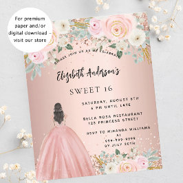 Sweet 16 roos gouden bloemen jurk budget uitnodigi flyer