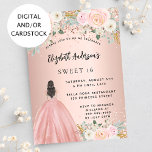 Sweet 16 roos gouden bloemen jurk kaart<br><div class="desc">Een moderne,  stijlvolle en glamoureuze uitnodiging voor een Sweet 16,  16th verjaardagsfeestje. Een rozen gouden achtergrond met blozend roze bloemetjes,  een meisje met een baljurk. De naam is geschreven met een modern handschrift. Personaliseer en voeg uw feestdetails toe.</div>