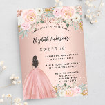 Sweet 16 roos gouden bloemen jurk luxe kaart<br><div class="desc">Een moderne,  stijlvolle en glamoureuze uitnodiging voor een Sweet 16,  16th verjaardagsfeestje. Een rozen gouden achtergrond met blozend roze bloemetjes,  een meisje met een baljurk. De naam is geschreven met een modern handschrift. Personaliseer en voeg uw feestdetails toe.</div>