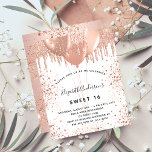 Sweet 16 roos gouden blush ballonnen uitnodiging<br><div class="desc">Voor een elegante Sweet 16, 16e verjaardag. Aan de voorkant: een stijlvolle witte achtergrond. Versierd met roos goud, druppels, verf druipende look en ballonnen. Personaliseer en voeg een naam, leeftijd en partijgegevens toe. De naam is geschreven met een handgeschreven stijlscript Back: een rozen gouden faux metallic uitziende achtergrond en glitterstof....</div>