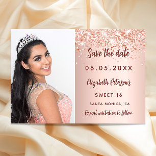Sweet 16 roos gouden blush foto confetti save the date