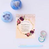 Sweet 16 roos gouden Bourgondische bloemen uitnodi Flyer (Enkel)