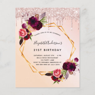 Sweet 16 roos gouden Bourgondische bloemen uitnodi Flyer