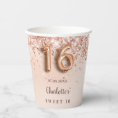 Sweet 16 roos gouden confetti naam papieren bekers (Voorkant)