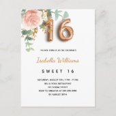 Sweet 16 roos gouden eucalyptusgroen uitnodiging briefkaart (Voorkant)