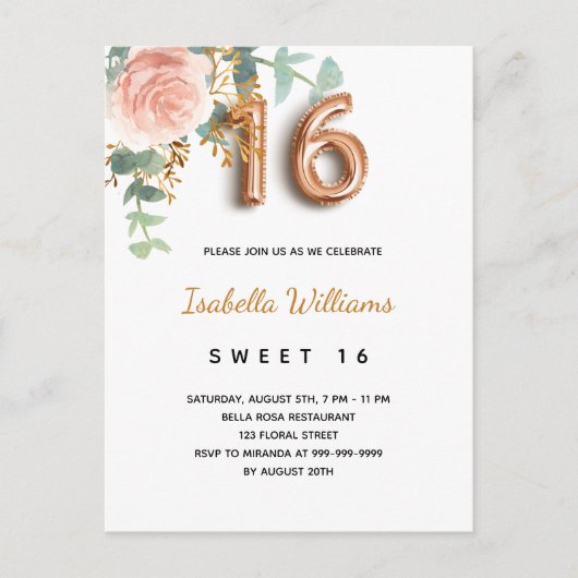 Sweet 16 roos gouden eucalyptusgroen uitnodiging briefkaart (Voorkant)