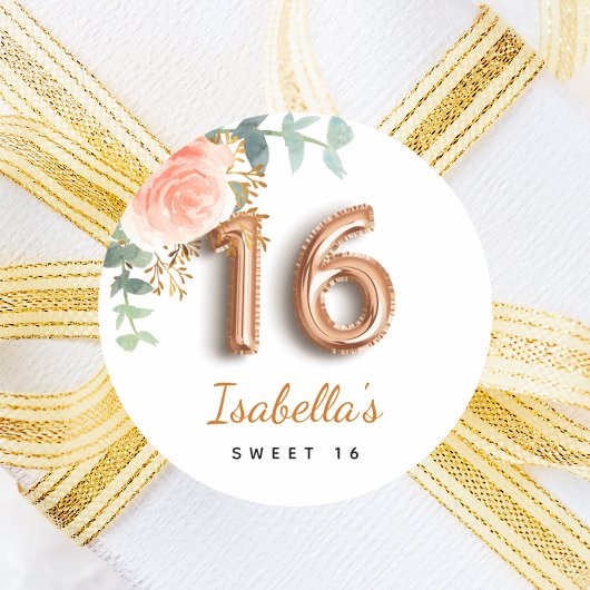Sweet 16 roos gouden eucalyptusmonogram ronde sticker