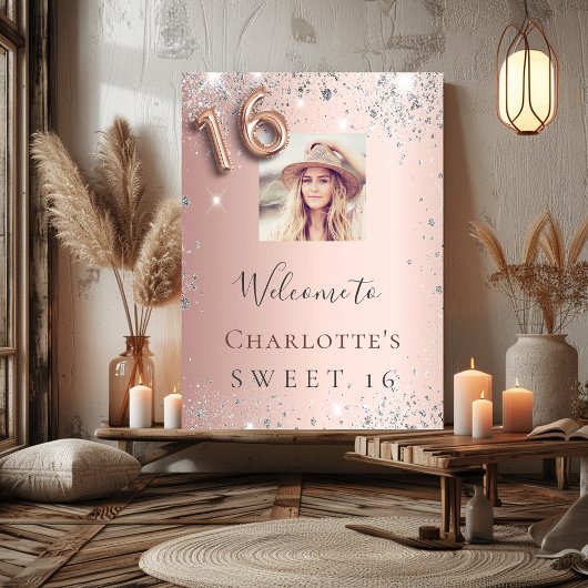 Sweet 16 roos gouden foto zilveren glitter welkom poster