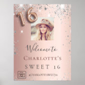 Sweet 16 roos gouden foto zilveren glitter welkom poster (Voorkant)