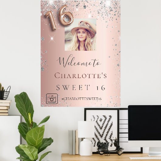 Sweet 16 roos gouden foto zilveren glitter welkom poster (Thuiskantoor)