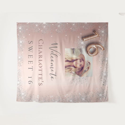 Sweet 16 roos gouden foto zilveren glitter welkom wandkleed (Voorkant (horizontaal))