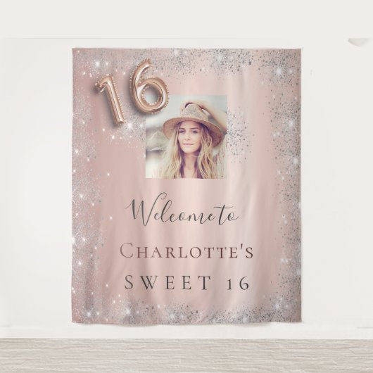 Sweet 16 roos gouden foto zilveren glitter welkom wandkleed (Voorkant)