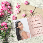 Sweet 16 roos gouden fotoscript save the date<br><div class="desc">Een moderne en elegante Save the Date voor een Sweet 16. Roos gouden gradiënt achtergrond,  versierd met roos gouden confetti. Personaliseer en voeg een foto,  datum en naam toe. De tekst: Save the Date is geschreven met een trendy handgeschreven stijlscript.</div>