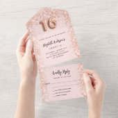 Sweet 16 roos gouden glans partij RSVP All In One Uitnodiging (Afscheurbaar)