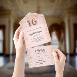 Sweet 16 roos gouden glans partij RSVP All In One Uitnodiging<br><div class="desc">Roos gouden,  donkergekleurde achtergrond,  versierd met faux glitter sparkles aan de binnenkant. Pas een foto,  namen,  partijdetails,  RSVP datum,  terugkeeradres en naam aan en voeg deze toe. Nummer 16 is geschreven met een ballonstijlnummer.</div>