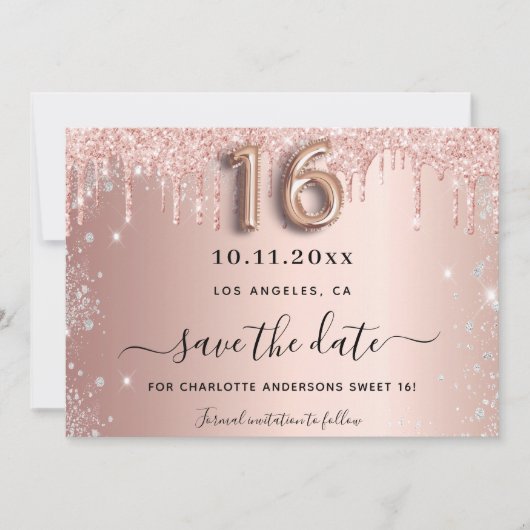 Sweet 16 roos gouden glitter foto save the date (Voorkant)