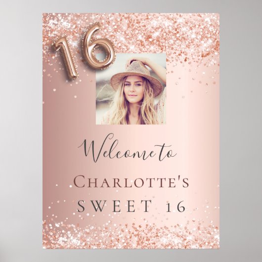 Sweet 16 roos gouden glitter foto welkom feest poster (Voorkant)