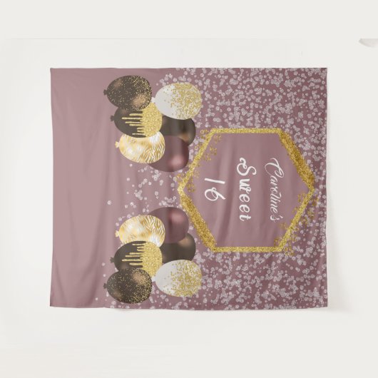 Sweet 16 Roos gouden glitter & glitter feestballon Wandkleed (Voorkant (horizontaal))