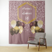 Sweet 16 Roos gouden glitter & glitter feestballon Wandkleed (In situ)