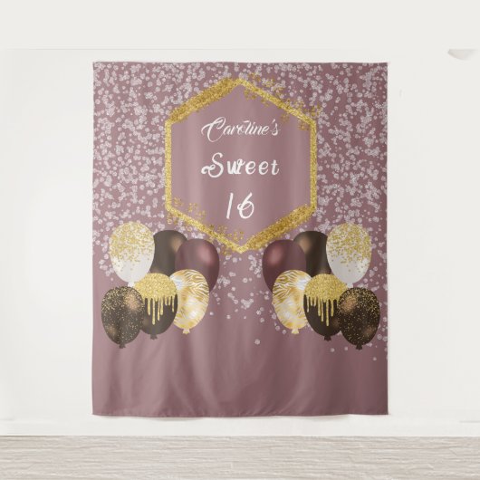 Sweet 16 Roos gouden glitter & glitter feestballon Wandkleed (Voorkant)
