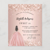 Sweet 16 roos gouden glitter jurk budget uitnodigi flyer (Voorkant)