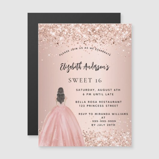 Sweet 16 roos gouden glitter jurk luxe magnetische uitnodiging (Voorkant / Achterkant)