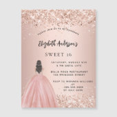 Sweet 16 roos gouden glitter jurk luxe magnetische uitnodiging (Voorkant)