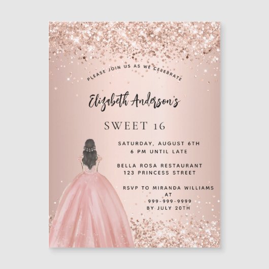 Sweet 16 roos gouden glitter jurk luxe magnetische uitnodiging (Voorkant)