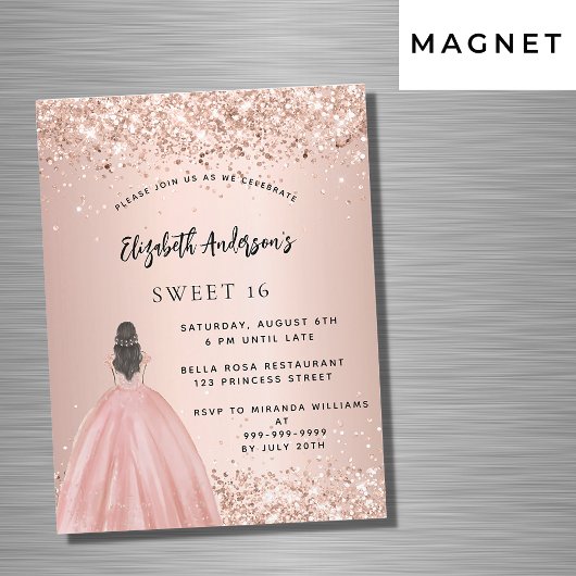 Sweet 16 roos gouden glitter jurk luxe magnetische uitnodiging