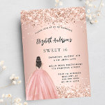 Sweet 16 roos gouden glitter jurk luxe party kaart<br><div class="desc">Een moderne,  stijlvolle en glamoureuze uitnodiging voor een Sweet 16,  16th verjaardagsfeestje. Een rozen gouden achtergrond met faux gouden glitterstof,  een meisje met een baljurk. De naam is geschreven met een modern handschrift. Personaliseer en voeg uw feestdetails toe.</div>