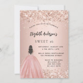 Sweet 16 roos gouden glitter jurk luxe party kaart (Voorkant)