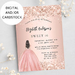 Sweet 16 roos gouden glitter jurk party kaart<br><div class="desc">Een moderne,  stijlvolle en glamoureuze uitnodiging voor een Sweet 16,  16th verjaardagsfeestje. Een rozen gouden achtergrond met faux gouden glitterstof,  een meisje met een baljurk. De naam is geschreven met een modern handschrift. Personaliseer en voeg uw feestdetails toe.</div>