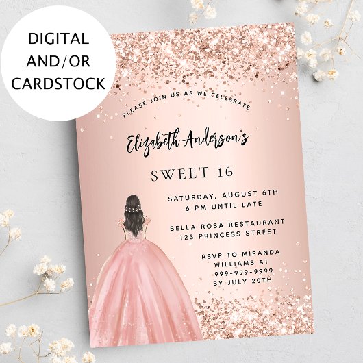 Sweet 16 roos gouden glitter jurk party kaart
