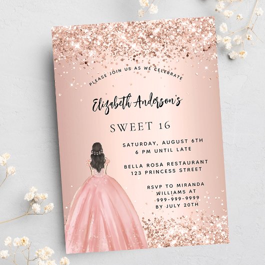 Sweet 16 roos gouden glitter jurk party uitnodiging briefkaart