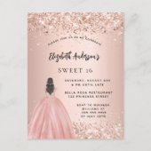 Sweet 16 roos gouden glitter jurk party uitnodiging briefkaart (Voorkant)