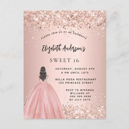 Sweet 16 roos gouden glitter jurk party uitnodiging briefkaart (Voorkant)