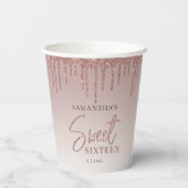 Sweet 16 Roos Gouden Glitter Script Verjaardagsfee Papieren Bekers (Achterkant)