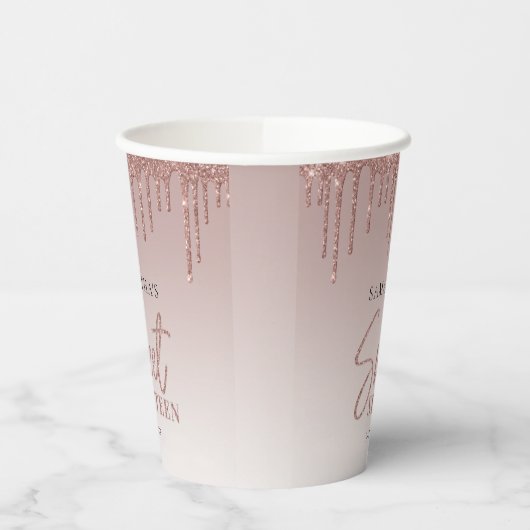 Sweet 16 Roos Gouden Glitter Script Verjaardagsfee Papieren Bekers (Links)