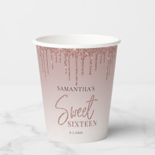 Sweet 16 Roos Gouden Glitter Script Verjaardagsfee Papieren Bekers (Voorkant)