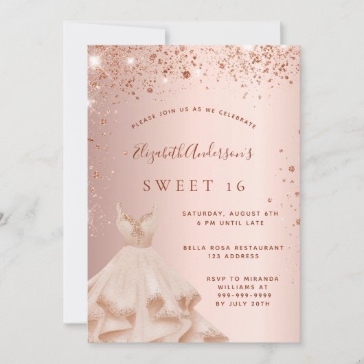 Sweet 16 roos gouden glitter sprankeljurk kaart (Voorkant)