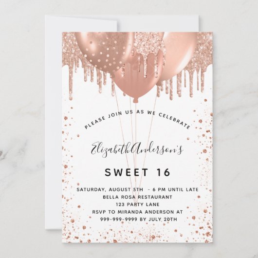 Sweet 16 roos gouden glitter wit kaart (Voorkant)