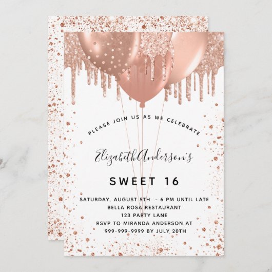 Sweet 16 roos gouden glitter wit kaart (Voorkant / Achterkant)