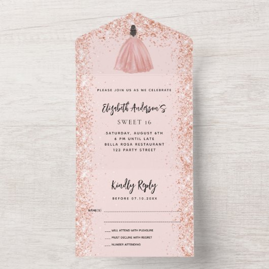 Sweet 16 roos gouden handdjurk RSVP All In One Uitnodiging (Binnen)