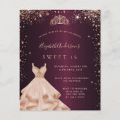 Sweet 16 roos gouden jurk tiara-uitnodiging (Voorkant)