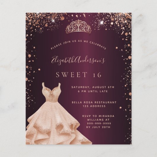 Sweet 16 roos gouden jurk tiara-uitnodiging (Voorkant)