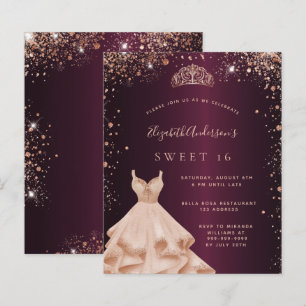 Sweet 16 roos gouden jurk tiara-uitnodiging