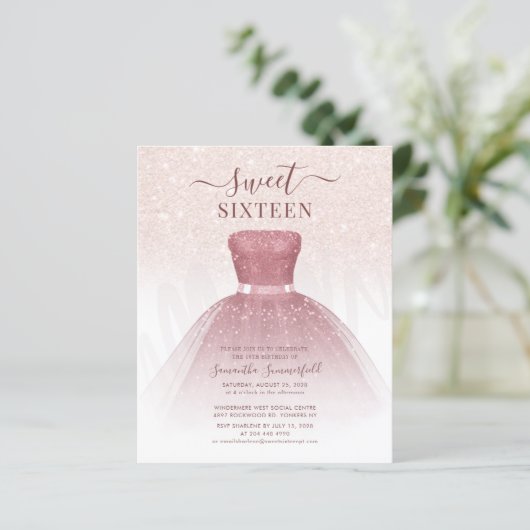 Sweet 16 Roos gouden jurk Verjaardagsfeestuitnodig (Staand voorkant)