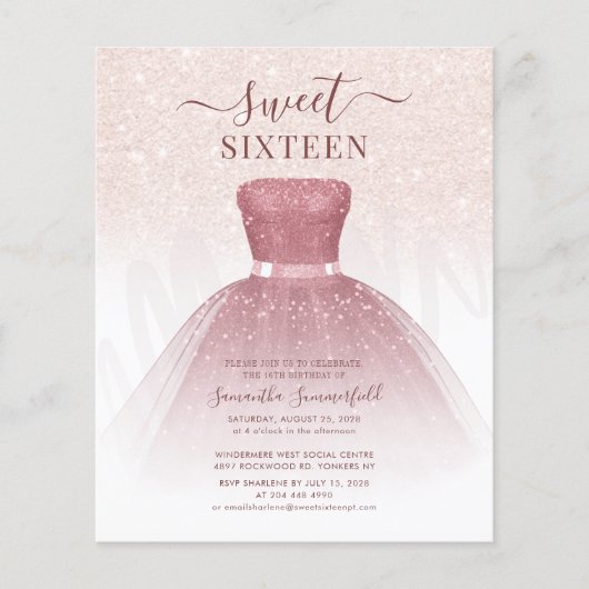 Sweet 16 Roos gouden jurk Verjaardagsfeestuitnodig (Voorkant)